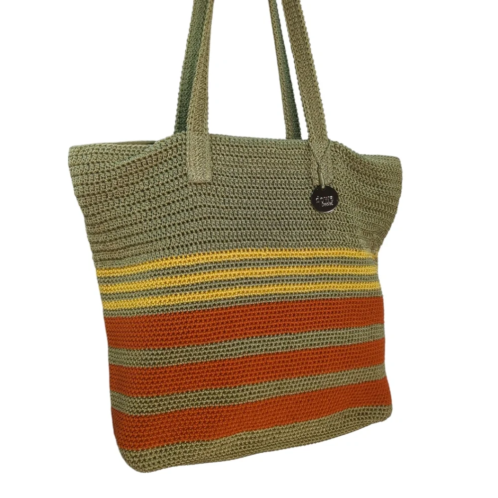 DOWA Summer Crochet Tote Handbag in Earthtones:Olive, Rust & Butter Yellow